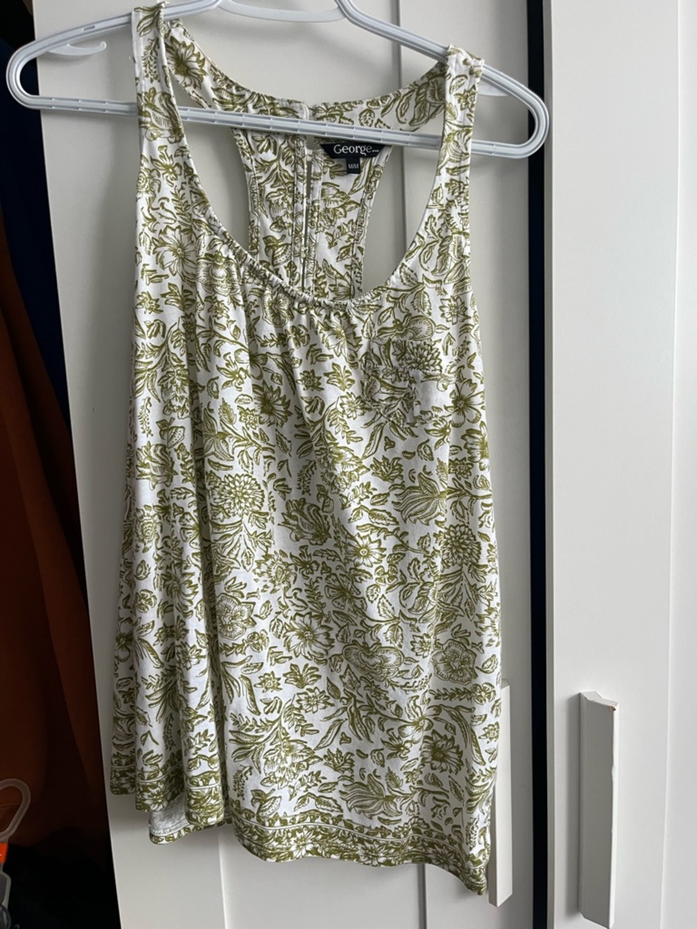 George White Tank Top with Olive Floral Print